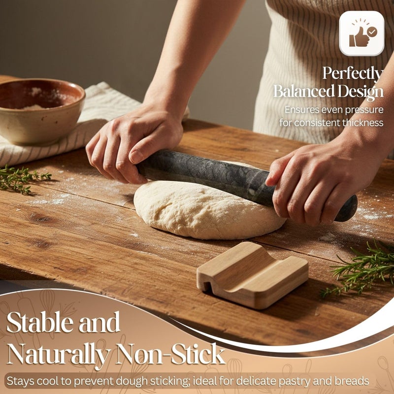 Flexzion Dowel Rolling Pin, 11-inch Black Marble with Wooden Holder Base Stand, Marble Rolling Pin for Baking Pastry Pizza Dough Roller Fondant Cookie Pie Crust Pasta Bakery Roller Pin - Image 2